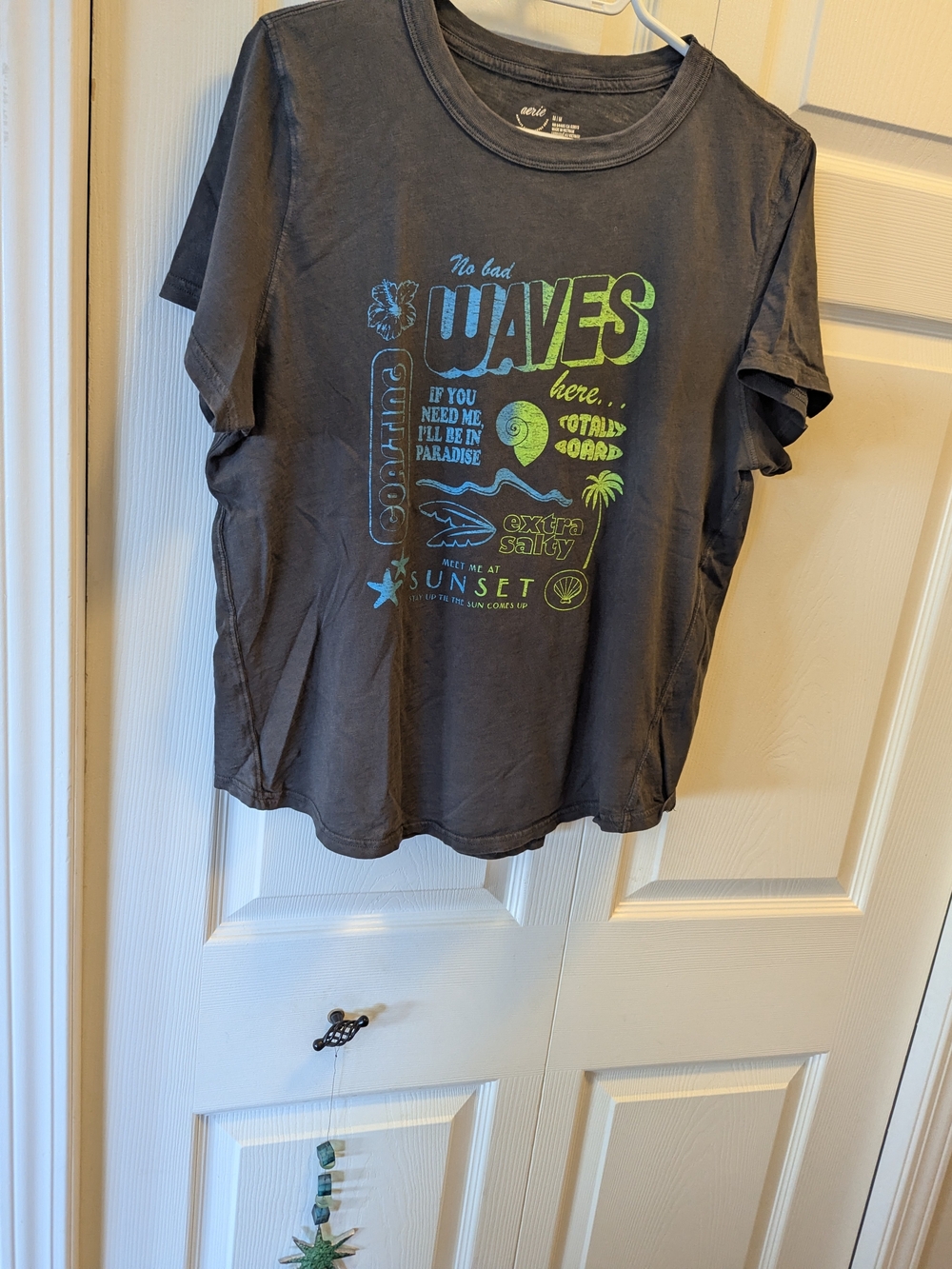 aerie Women's Charcoal Graphic Tee with Green and Aqua Print